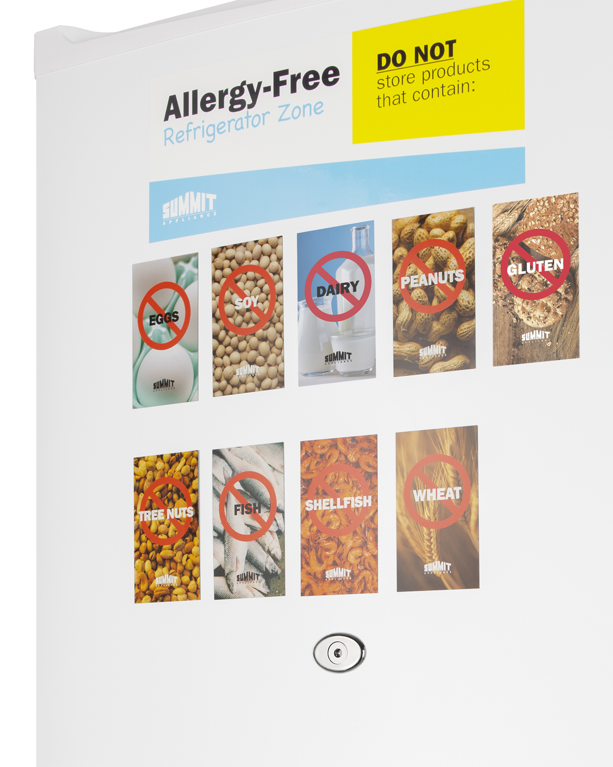 Compact 1.7 cu.ft. all-refrigerator in white designed to serve as an allergy-free storage zone, with automatic defrost, front lock, and a set of allergy warning magnets
